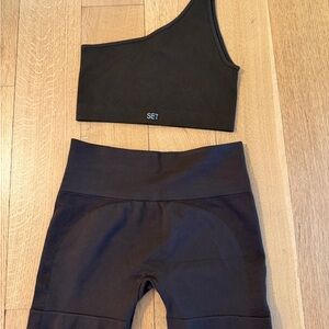 SET Active Brown One-Shoulder Top and Biker Shorts